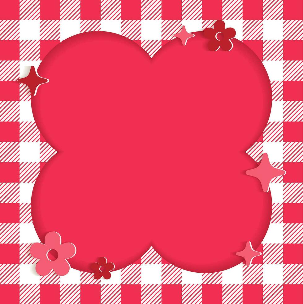 süß Blume rot Plaid Gingham prüfen kariert Rahmen mit Blume Stern. Platz Post Banner Vorlage Rahmen Rand Memo klebrig Hinweis Papier Hintergrund. leer Hinweis Kopieren Raum Vektor Illustration.