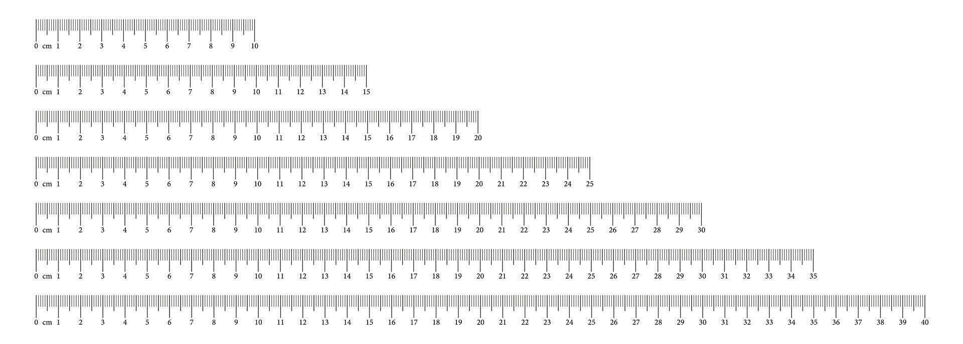 Sammlung Messung Diagramme mit 10,15, 20, 25, 30, 35, 40 Zentimeter. Länge Messung Mathematik, Distanz, Höhe, Nähen Werkzeug. einstellen von Vorlagen Lineale Rahmen mit Zahlen. Folge, Vektor Illustration.