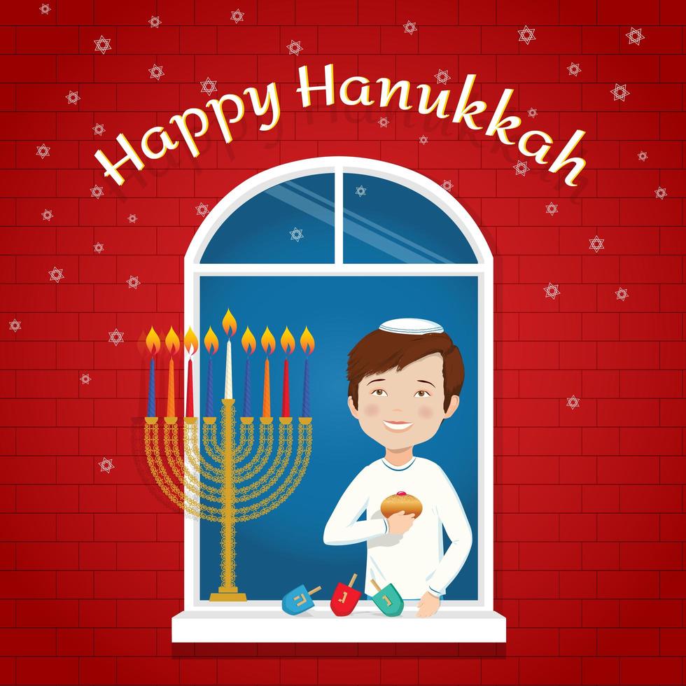 glad hanukkah gratulationskort judisk semesterpojke med traditionella symboler vektor