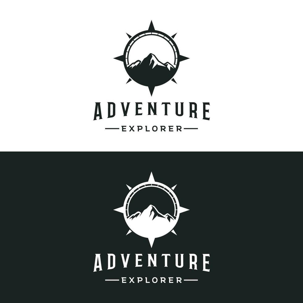 retro årgång äventyrare logotyp design med pil, berg och kompass concept.logotyp för klättrare, äventyrare, märka och företag. vektor