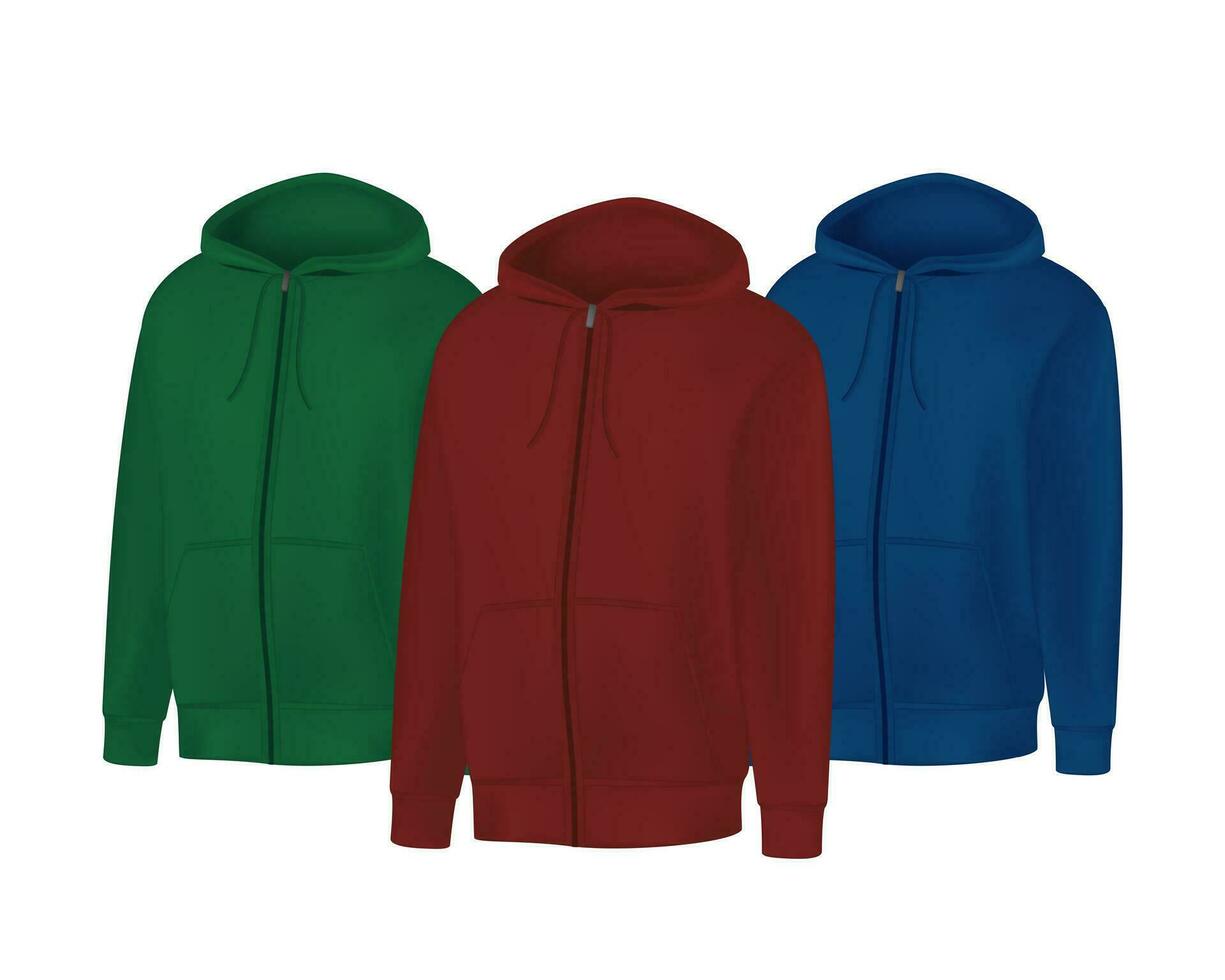 tom grön, röd, blå herr luvtröja tröja lång ärm. manlig hoody med huva främre se. vektor mall sport vinter- kläder för design mockup, skriva ut, isolerat på vit bakgrund