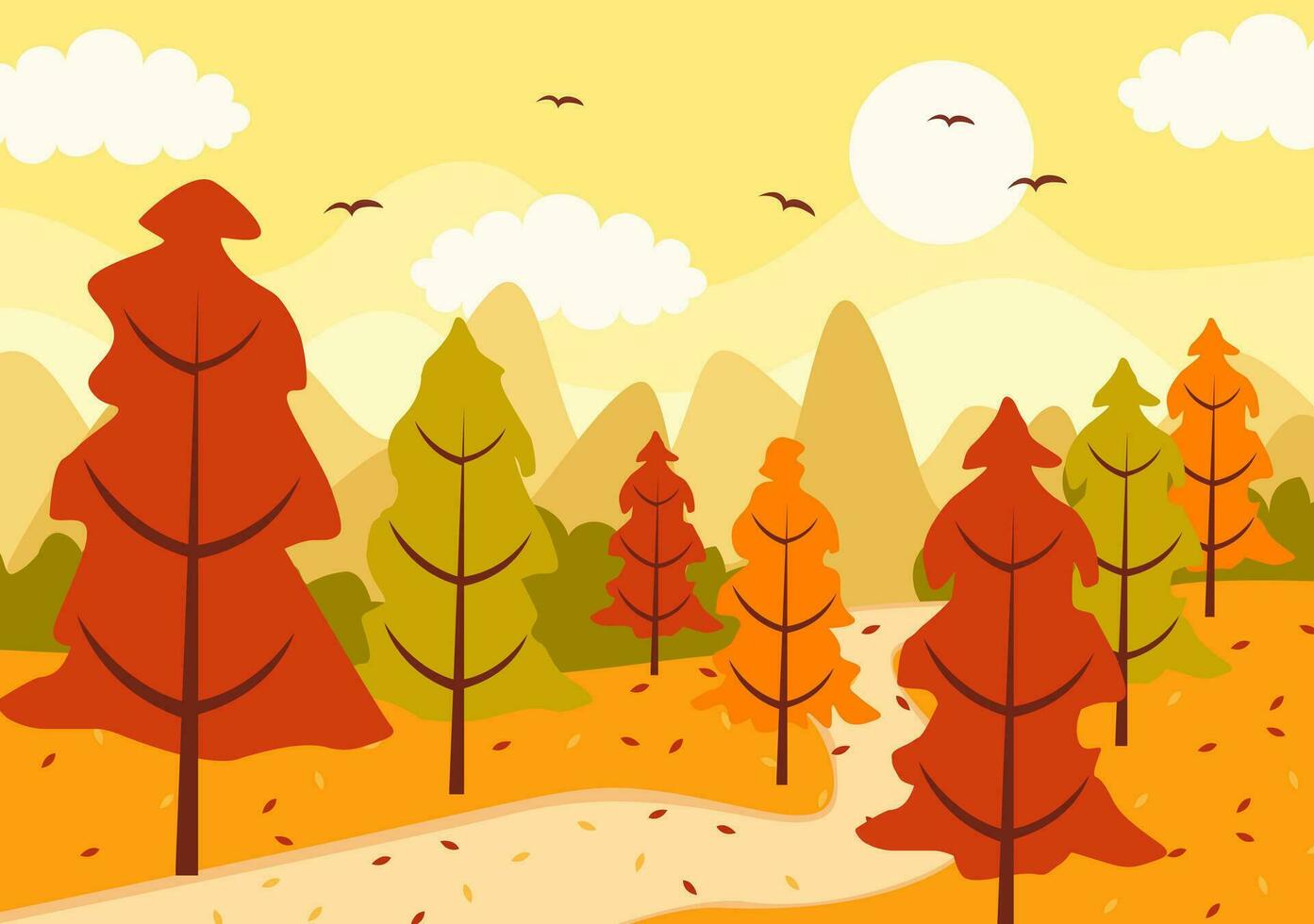 Herbst Landschaft Hintergrund Vektor Illustration mit Berge, Felder, Bäume und fallen Blätter im eben Karikatur natürlich Jahreszeit Panorama Vorlagen