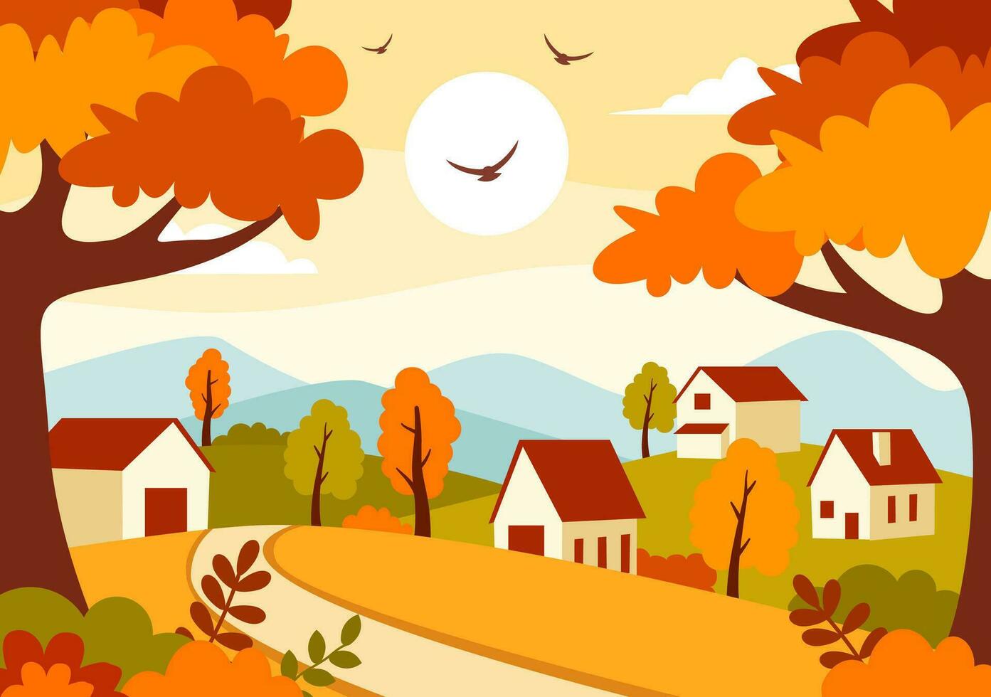 Herbst Landschaft Hintergrund Vektor Illustration mit Berge, Felder, Bäume und fallen Blätter im eben Karikatur natürlich Jahreszeit Panorama Vorlagen