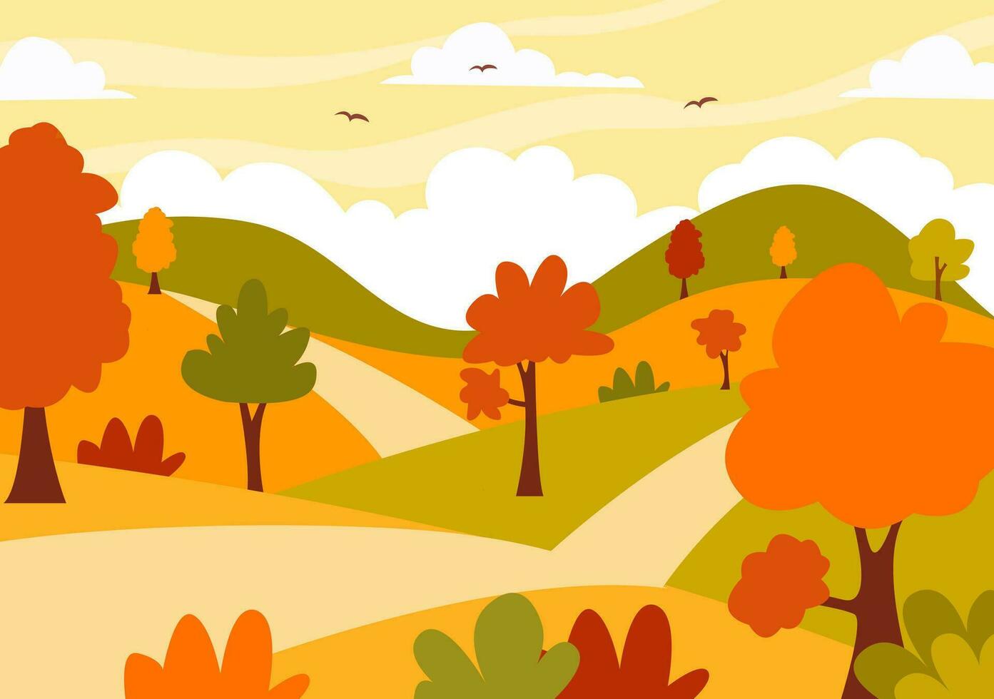 Herbst Landschaft Hintergrund Vektor Illustration mit Berge, Felder, Bäume und fallen Blätter im eben Karikatur natürlich Jahreszeit Panorama Vorlagen