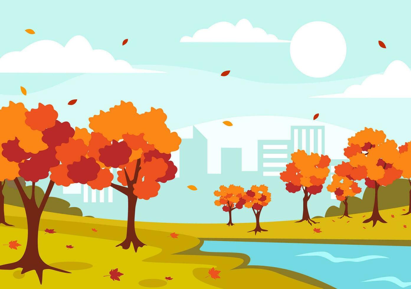 Herbst Landschaft Hintergrund Vektor Illustration mit Berge, Felder, Bäume und fallen Blätter im eben Karikatur natürlich Jahreszeit Panorama Vorlagen