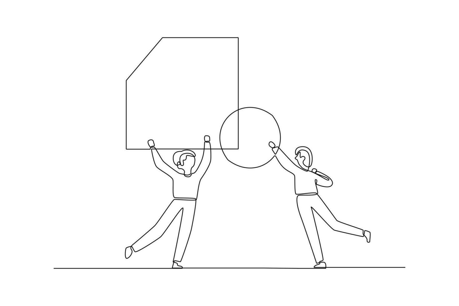 einer kontinuierlich Linie Zeichnung von Konzept von co Arbeiten, Geschäft Partnerschaft, Analytik oder Zusammenarbeit. Kollegen Arbeit zusammen mit geometrisch Formen. Gekritzel Vektor Illustration im einfach linear Stil.