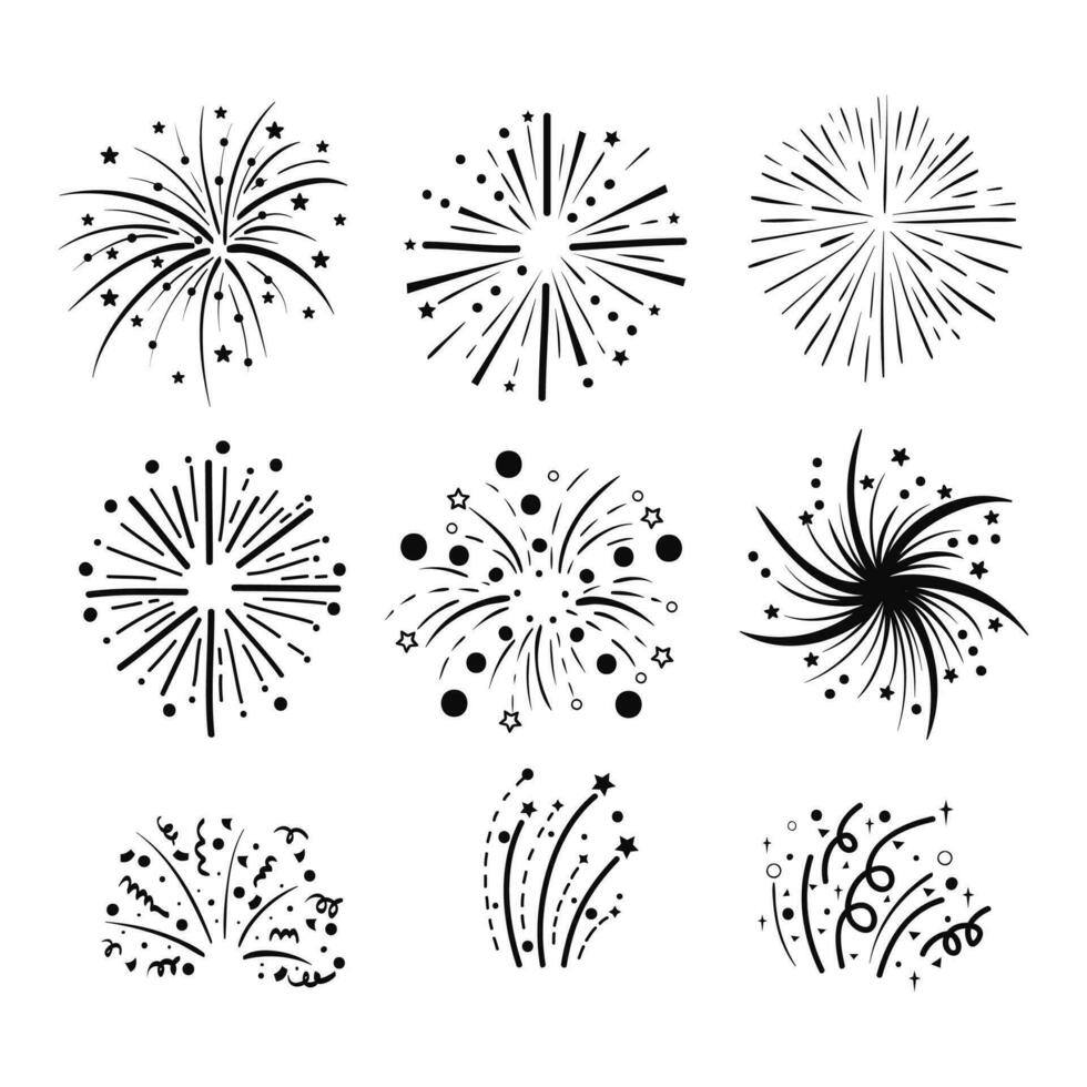 Feuerwerk Feier Dekor Vektor Illustration Design isoliert im Weiß. Feuerwerk Silhouette