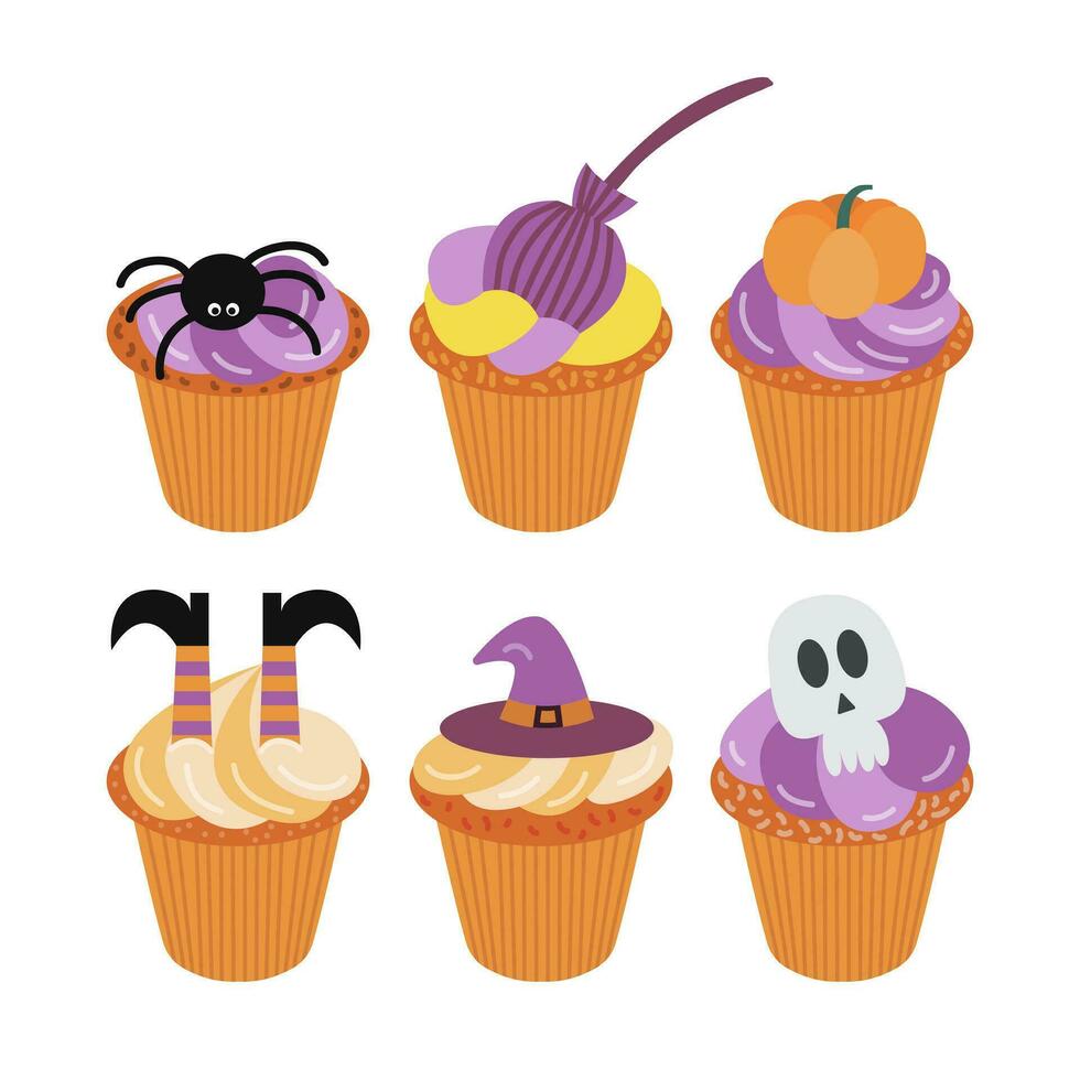 unheimlich Halloween Muffins Vektor Satz. eben Stil Halloween Cupcakes mit Spinne, Geist, Hexe Hut und Beine und Besen.