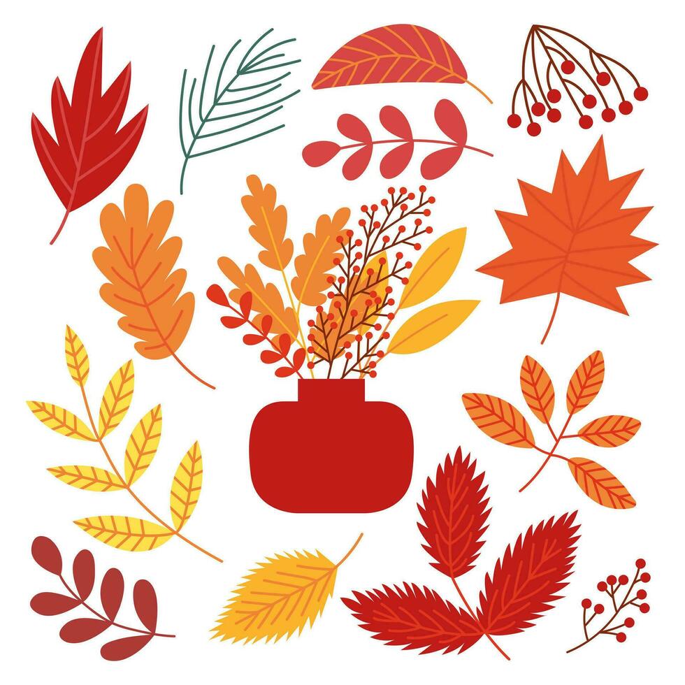 Herbst Blätter Strauß Vektor Satz. eben Herbst Laub und Beeren Satz.