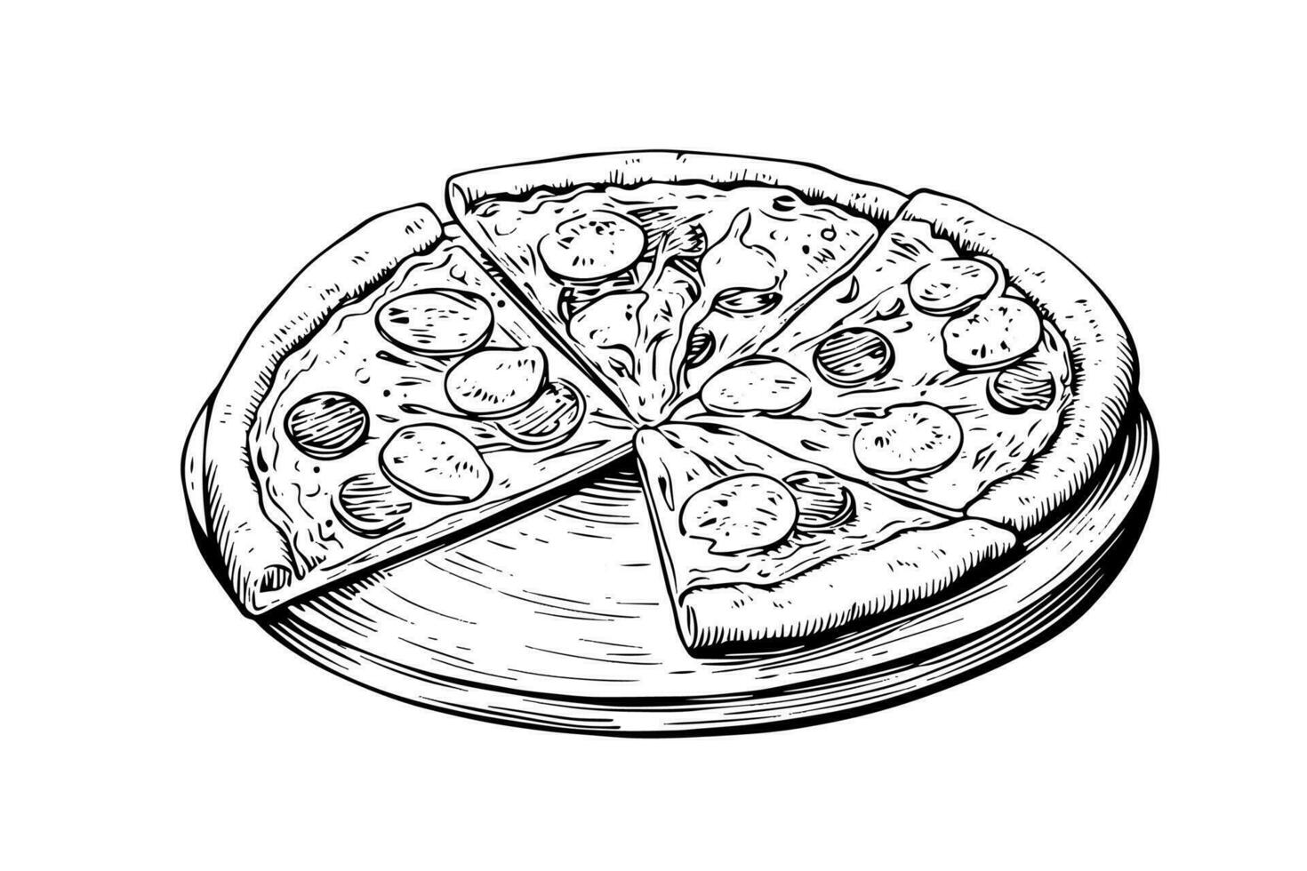 skivad pizza skiss hand dragen gravyr stil vektor illustration.