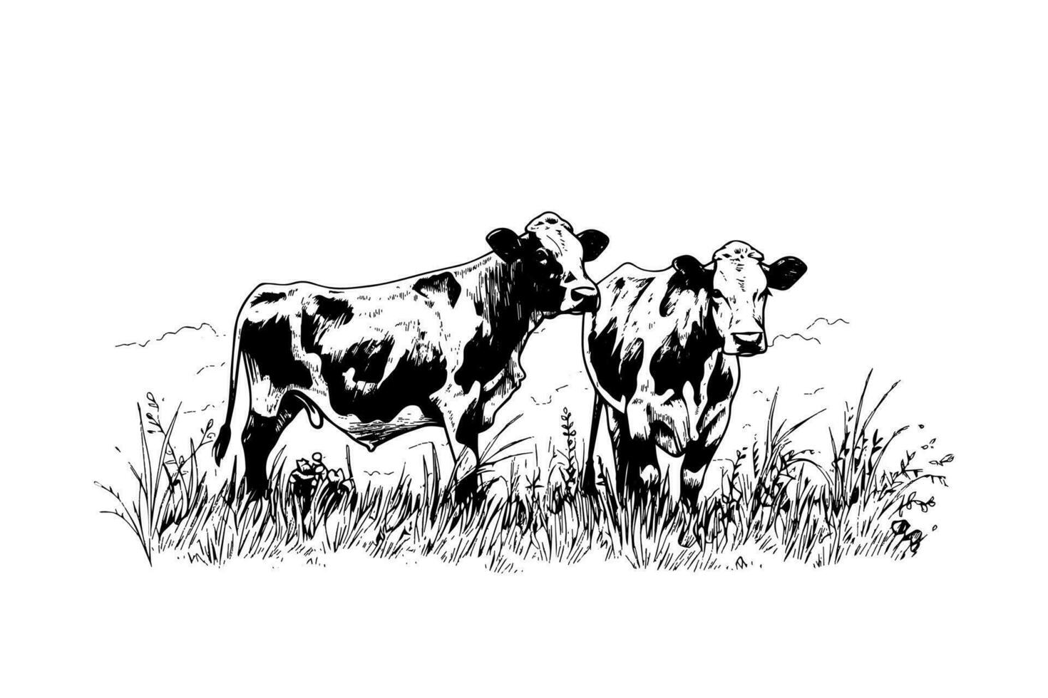 zwei Kuh weidet im das Feld. Vektor Hand gezeichnet Gravur Stil Illustration.