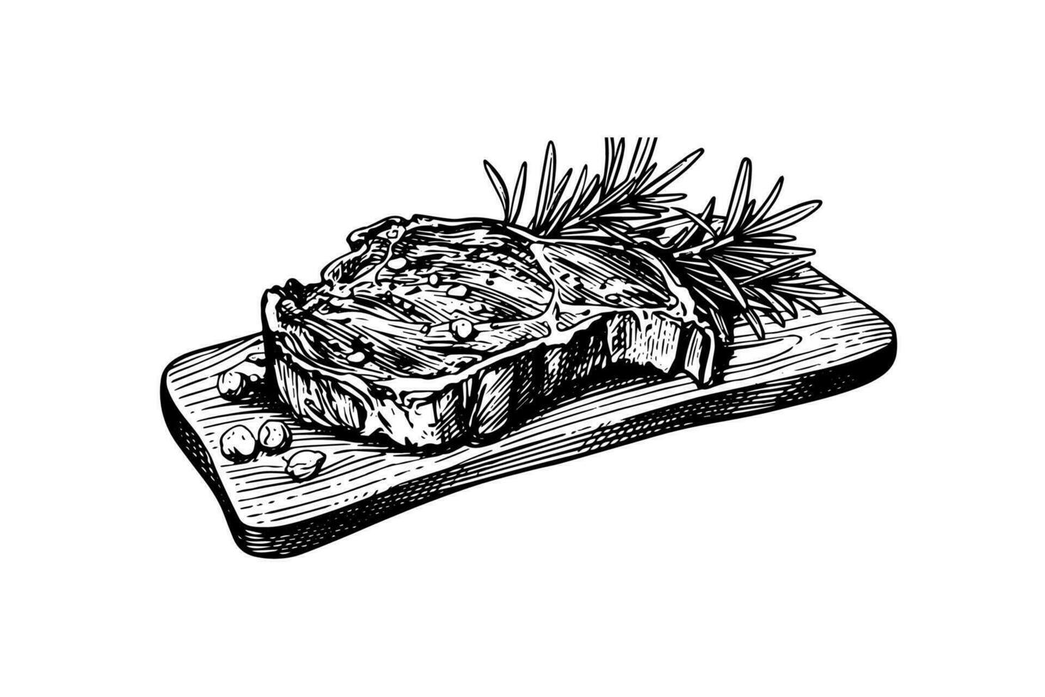 Fleisch Steak auf Holz Tafel. Hand Zeichnung skizzieren Gravur Stil Vektor Illustration