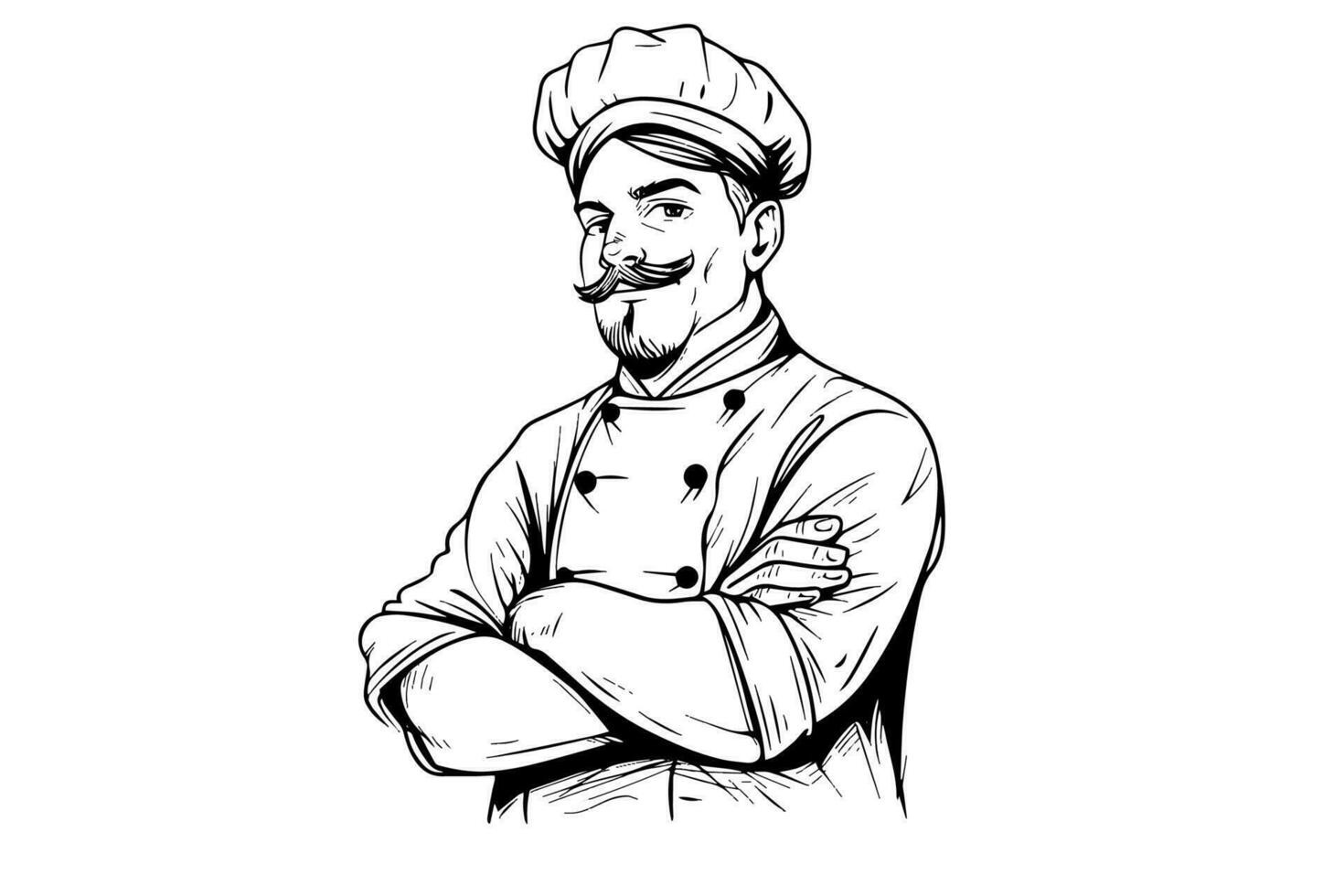 Koch im ein Hut mit gekreuzt Arm Pose Logo Gravur Stil Vektor Illustration.