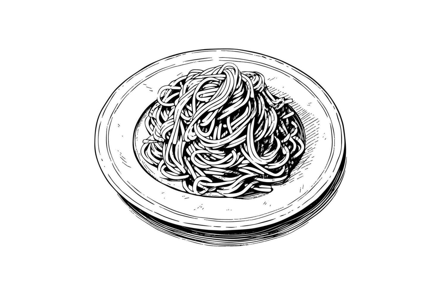 italiensk pasta. spaghetti på en tallrik, gaffel med spaghetti vektor gravyr stil illustration.