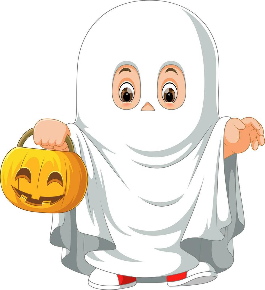 söt unge i en spöke kostym fira halloween vektor
