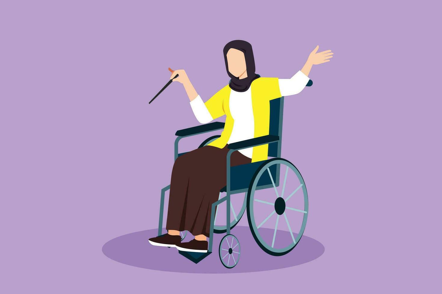 tecknad serie platt stil teckning ung skön arab kvinna dirigent Sammanträde i rullstol ledande orkester. handikapp, klassisk musik händelse. fysiskt Inaktiverad. grafisk design vektor illustration