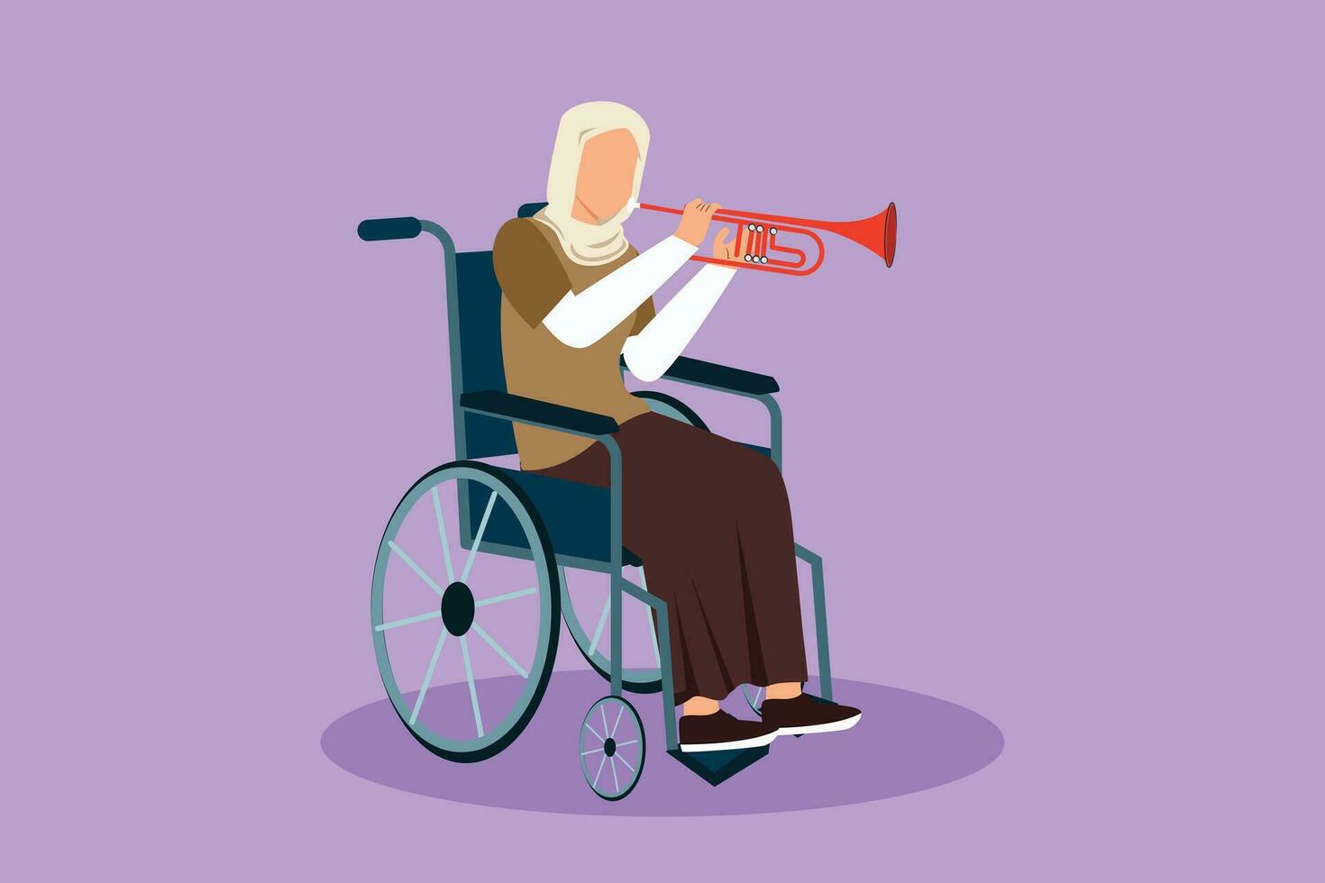 Charakter eben Zeichnung ziemlich arabisch weiblich im Rollstuhl spielen Trompete während Musik- Lektion. physisch Behinderte. Person im Krankenhaus. Rehabilitation Center geduldig. Karikatur Design Vektor Illustration