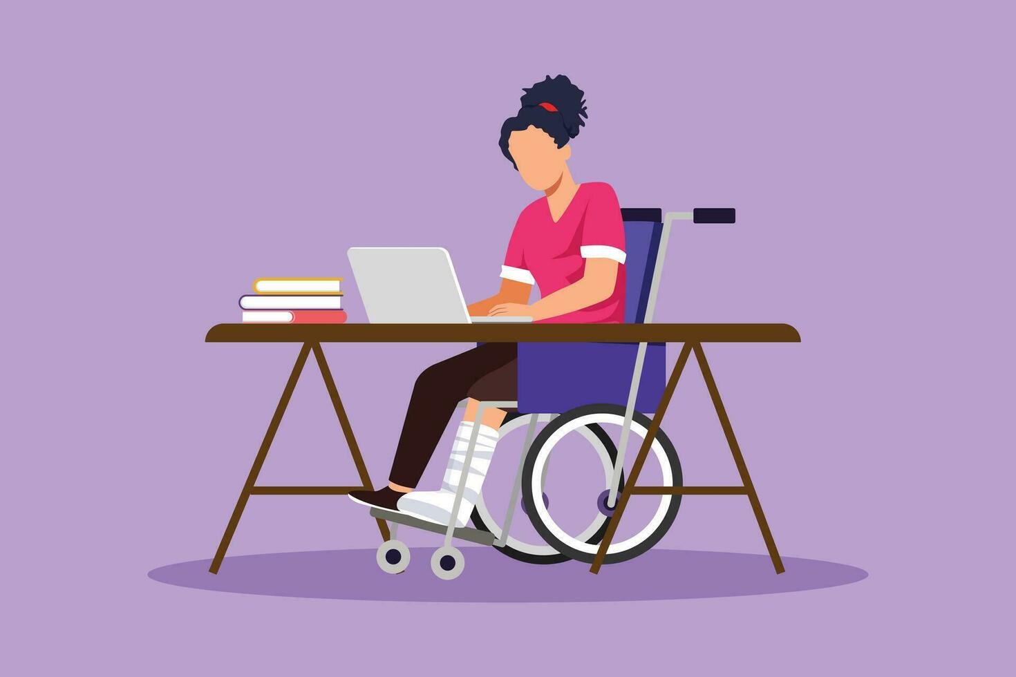 tecknad serie platt stil teckning ung skön kvinna i rullstol arbetssätt med dator i kontor skrivbord. uppkopplad jobb och börja begrepp. fysisk handikapp och samhälle. grafisk design vektor illustration