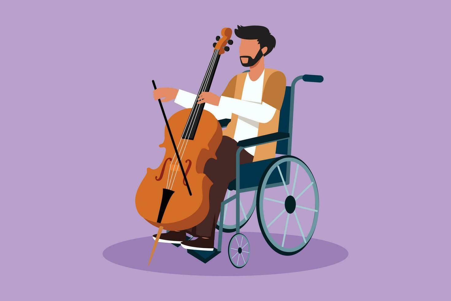 Grafik eben Design Zeichnung jung arabisch Mann Sitzung im Rollstuhl Theaterstücke Cello im Konzert. Behinderung und klassisch Musik. physisch Behinderte. Person im Krankenhaus. Karikatur Stil Vektor Illustration