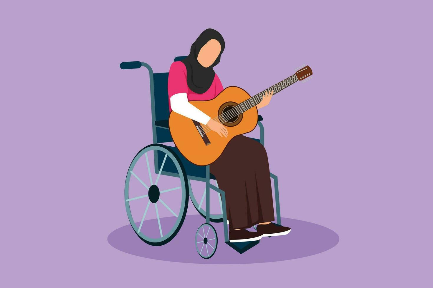 Karikatur eben Stil Zeichnung jung schön arabisch Frau sitzen Rollstuhl mit akustisch Gitarre abspielen Musik, singen Lied. physisch Behinderte. Rehabilitation Center geduldig. Grafik Design Vektor Illustration