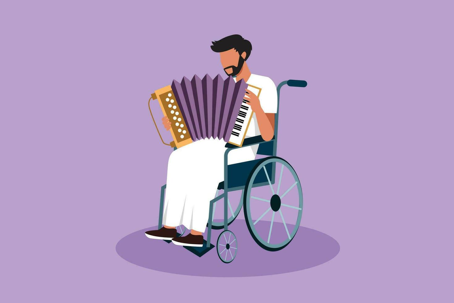 Grafik eben Design Zeichnung deaktiviert arabisch Mann im Rollstuhl spielen Akkordeon Musik. physisch Behinderte. Person im Krankenhaus Fall. Rehabilitation Center geduldig. Karikatur Stil Vektor Illustration