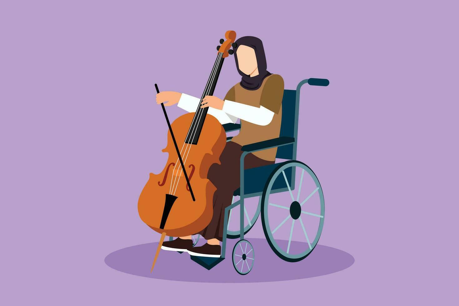 Grafik eben Design Zeichnung arabisch Frau Sitzung im Rollstuhl Theaterstücke Cello im Konzert. Behinderung, klassisch Musik. physisch Behinderte. Rehabilitation Center geduldig. Karikatur Stil Vektor Illustration