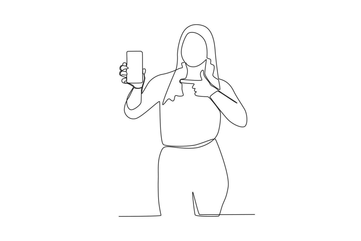 ett kontinuerlig linje teckning av en kvinna som visar henne cell telefon med henne vänster hand vänd framåt- vektor