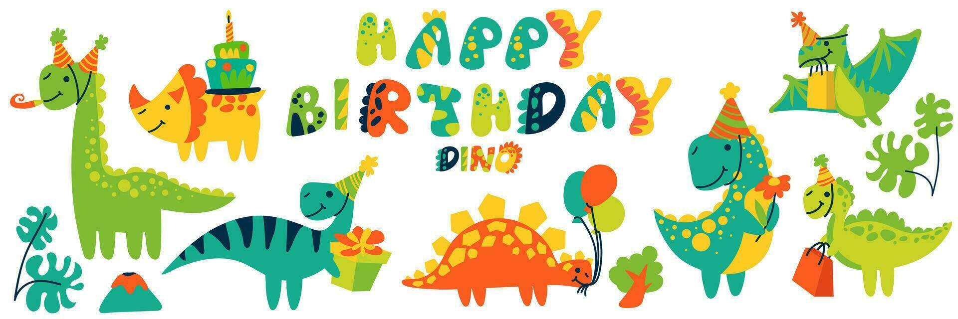 ein einstellen von isoliert süß Dinosaurier im ein glücklich Geburtstag Thema. Vektor Illustration zum ein Geburtstag. hell festlich Tiere mit Geschenke, Kuchen und Luftballons im festlich Zapfen. Geburtstag Party im das Urwald