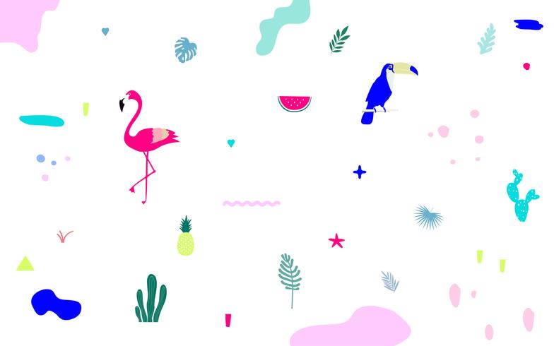 Tropisk djungel lämnar bakgrund med flamingo och toucan. Sommar vektor illustration design