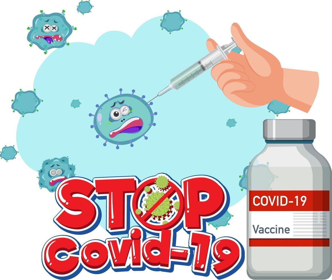 stoppa covid-19 logotyp eller banner med covid-19 vaccinflaska och koronavirus tecken vektor