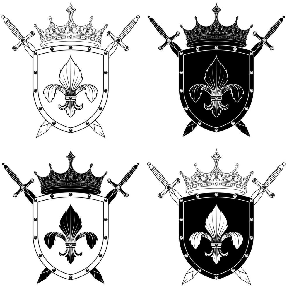 heraldisches schildvektordesign des mittelalters, wappen mit heraldischem symbol der fleur de lis, mit kronen und schwertern vektor