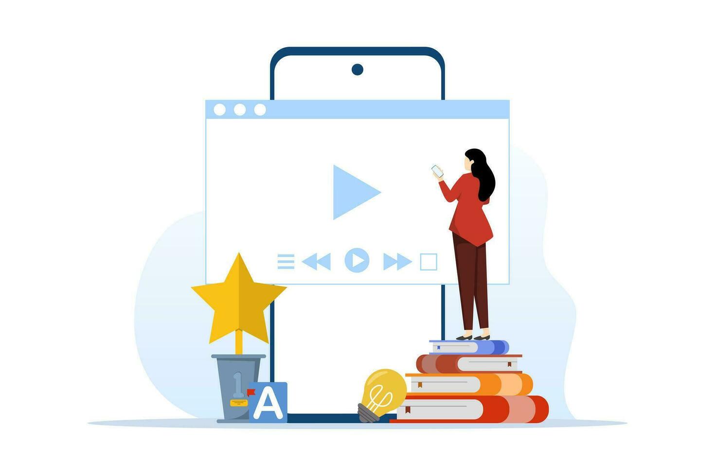 erfolgreich Lernen Konzept, online Unterricht, modern Bildung. weiblich Schüler ist studieren online Kurs durch Telefon. online Kurse und Webinare. Vektor Illustration im eben Design.