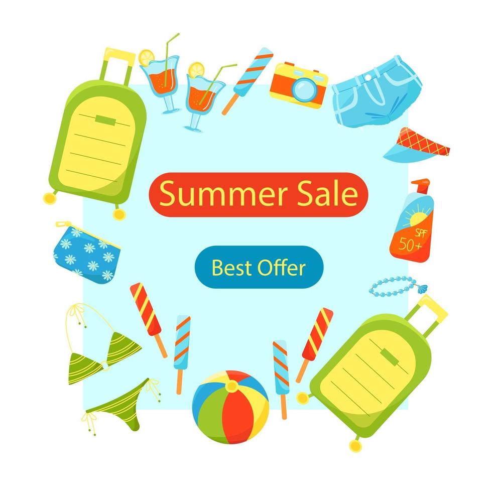 sommar försäljning banner mall, affisch för butiker med sommar saker, vektorillustration i platt stil vektor