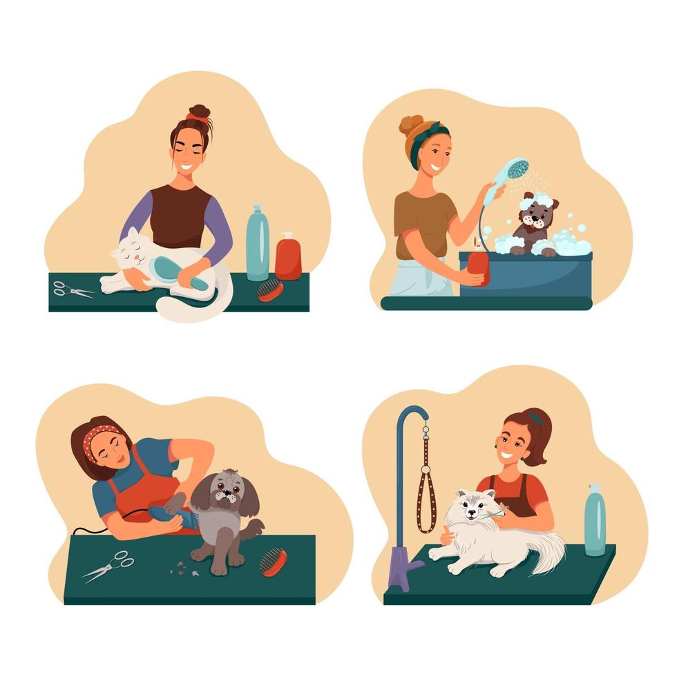 grooming husdjursuppsättning, groomers tvättar preparerade hundar och katter, vektorsamling av illustrationer i platt stil vektor