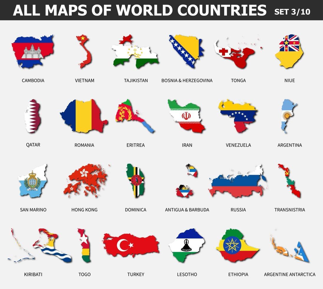 alla kartor över världsländer och flaggor. sätt 3 av 10. samling av dispositionsform av internationell landskarta med skugga. platt design . vektor .