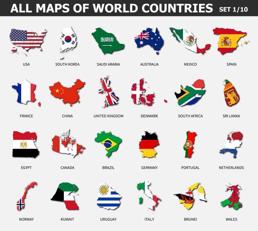 alla kartor över världsländer och flaggor. uppsättning 1 av 10. samling av dispositionsform av internationell landskarta med skugga. platt design . vektor .