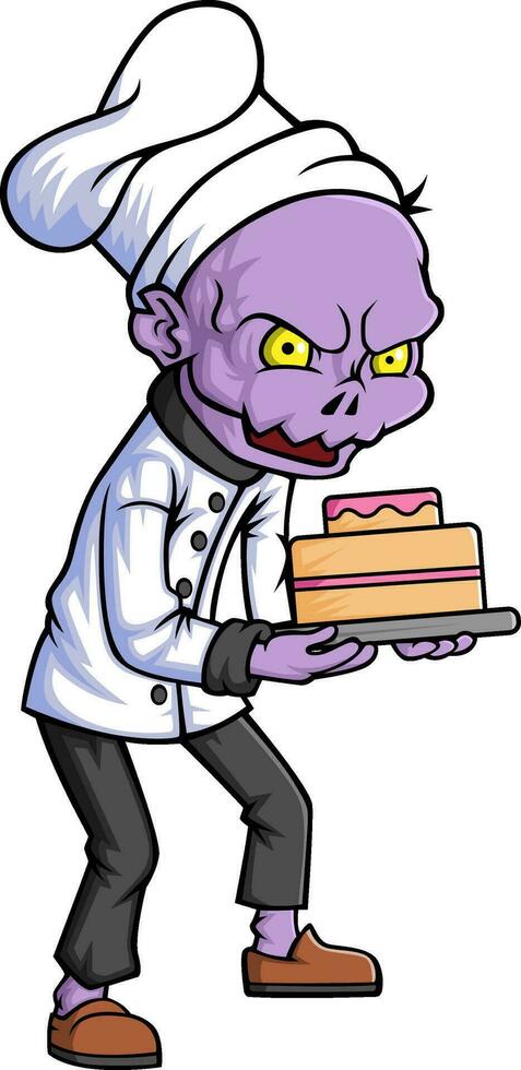 gespenstisch Zombie Koch halten Geburtstag Kuchen Karikatur Charakter auf Weiß Hintergrund vektor