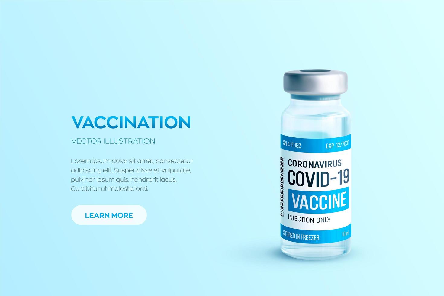 Covid-19 Coronavirus-Impfstoffkonzept. realistische medizinische glasphiole mit metallkappenvektorhintergrund mit copyspace. Impfung gegen das 2019-ncov-Virus. Covid19-Impfbehandlung. vektor