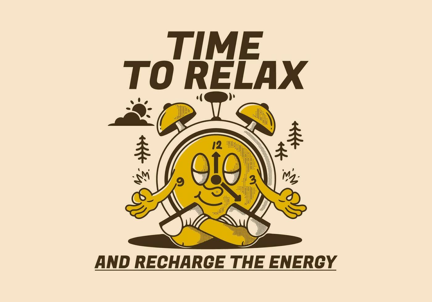 Zeit zu entspannen und aufladen Energie, Alarm Uhr Maskottchen Charakter im Meditation Pose vektor