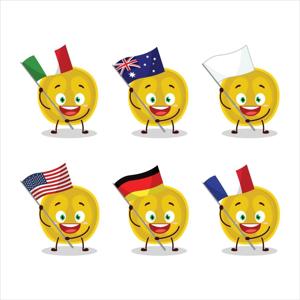Scheibe von nance Karikatur Charakter bringen das Flaggen von verschiedene Länder vektor