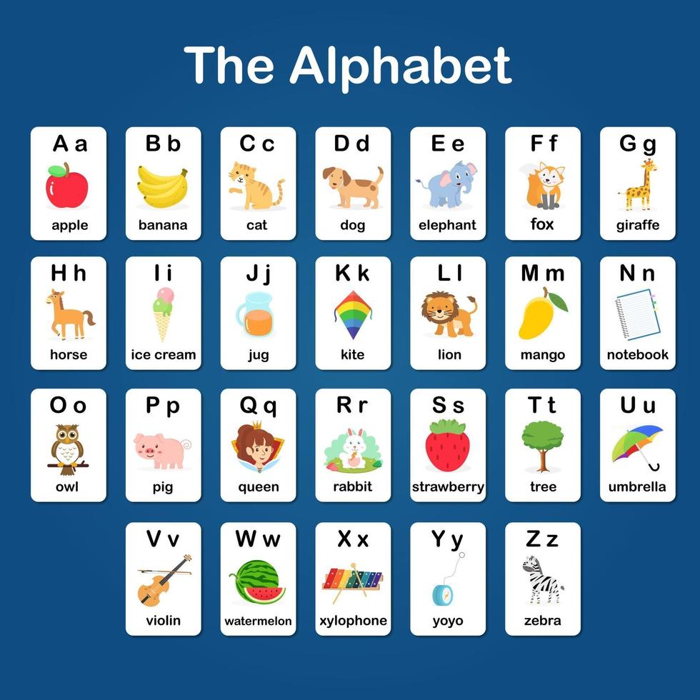 Englischer Wortschatz und Alphabet-Flash-Kartenvektor für Kinder zum Lernen und zur Bildung von Kindergartenkindern. Wörter des Buchstabens abc bis z, jede Karte auf blauem Hintergrund isoliert. vektor