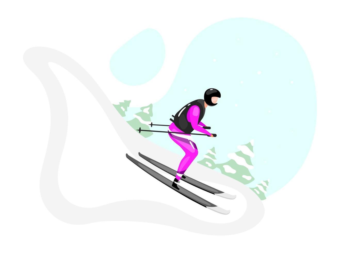 Abfahrtsski flache Vektorgrafiken. extremer Wintersport. aktiver Lebensstil. Outdoor-Aktivitäten am verschneiten Berghang. Sportler auf Skiern isolierte Zeichentrickfigur auf blauem Hintergrund vektor