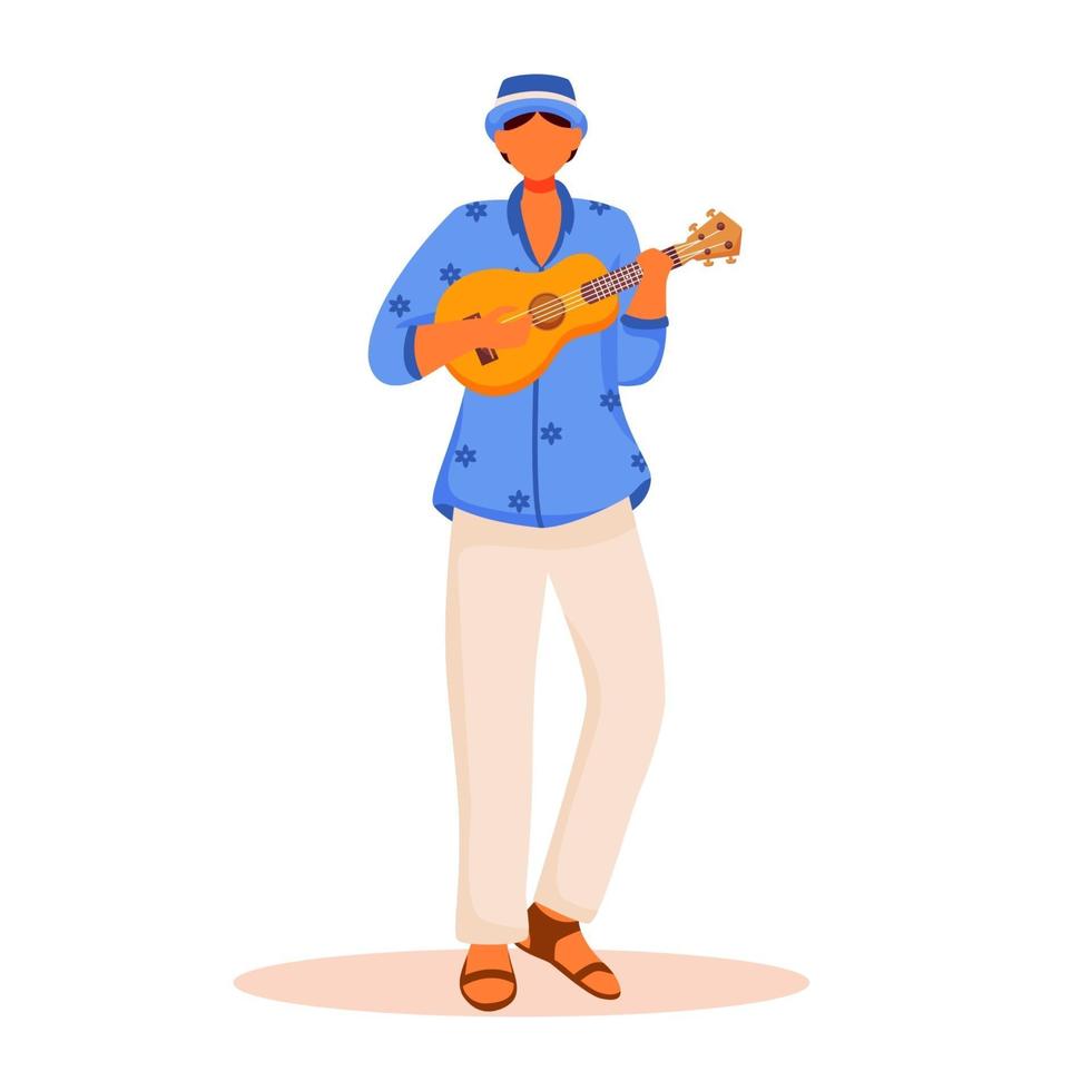 Latino-Mann in blauem Hemd und Hose, flacher Farbvektor, gesichtsloser Charakter. Karneval in Brasilien. stehendes Männchen, das auf Ukulele spielt, isolierte Cartoon-Illustration für Webgrafikdesign und Animation vektor