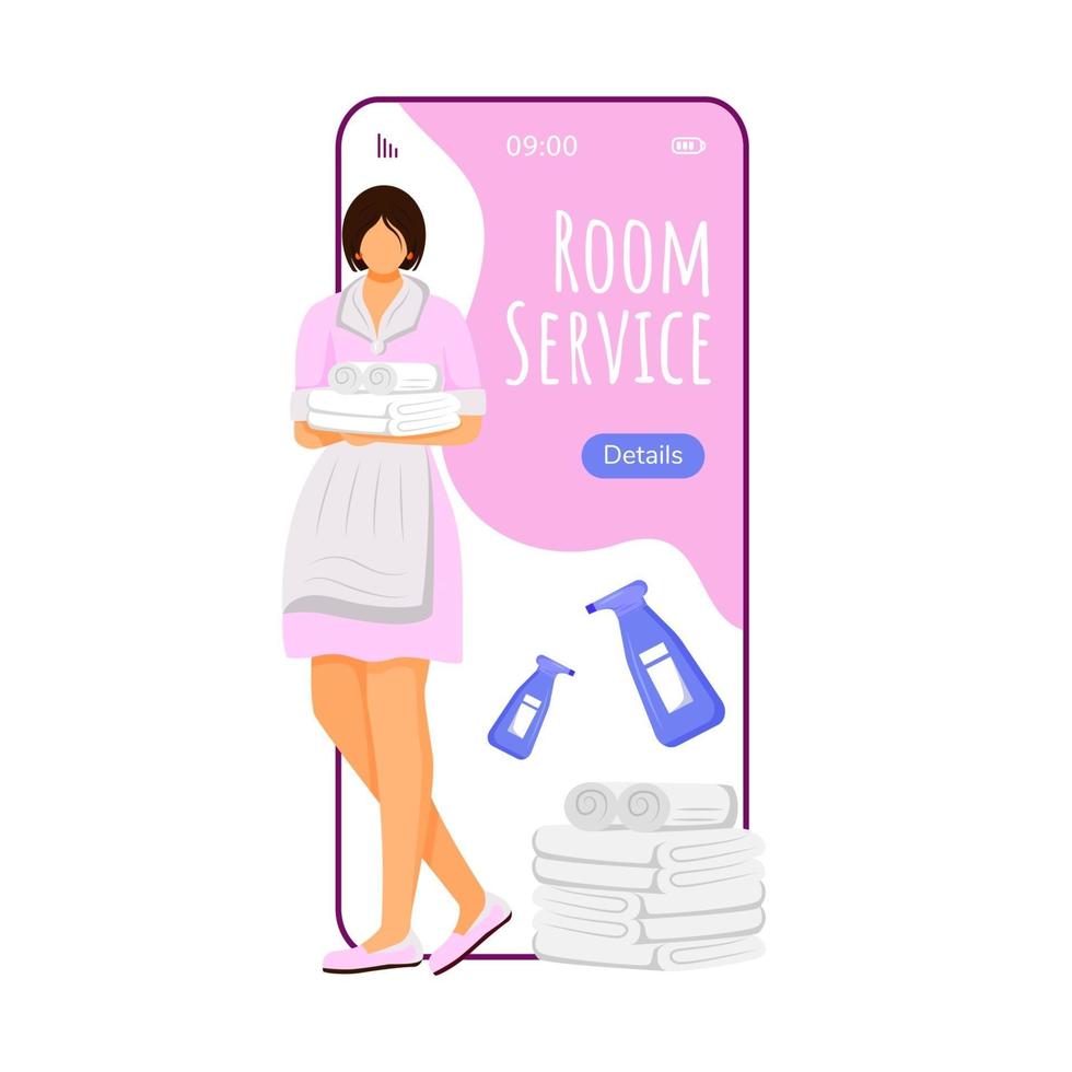 Zimmerservice Cartoon Smartphone-Vektor-App-Bildschirm. Handy-Display mit flachem Charakter-Design-Modell der Haushälterin. Wohnungsreinigung bestellen. Telefonschnittstelle der Hotelanwendung vektor