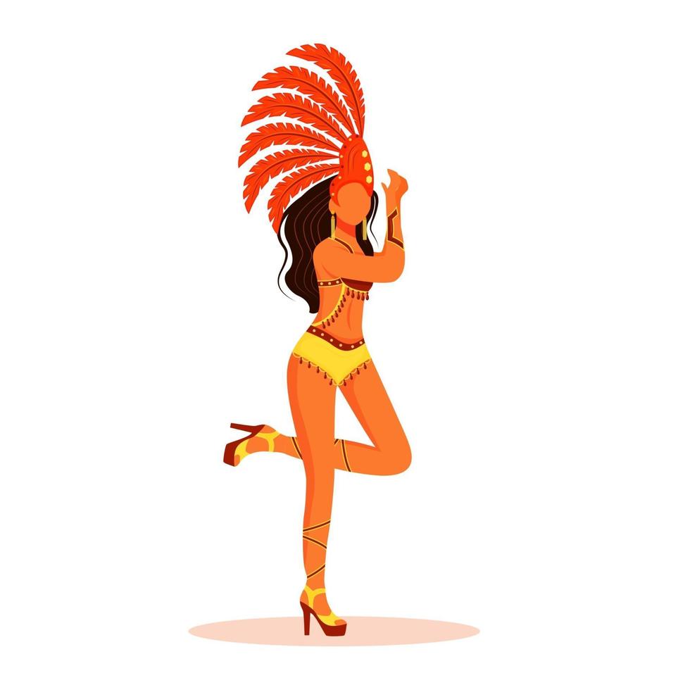 Brasilien karneval performer platt färg vektor ansiktslös karaktär. latino dam i bikini. stående kvinna i röd krona med fjäderdräkt isolerad tecknad illustration för webbgrafisk design och animering