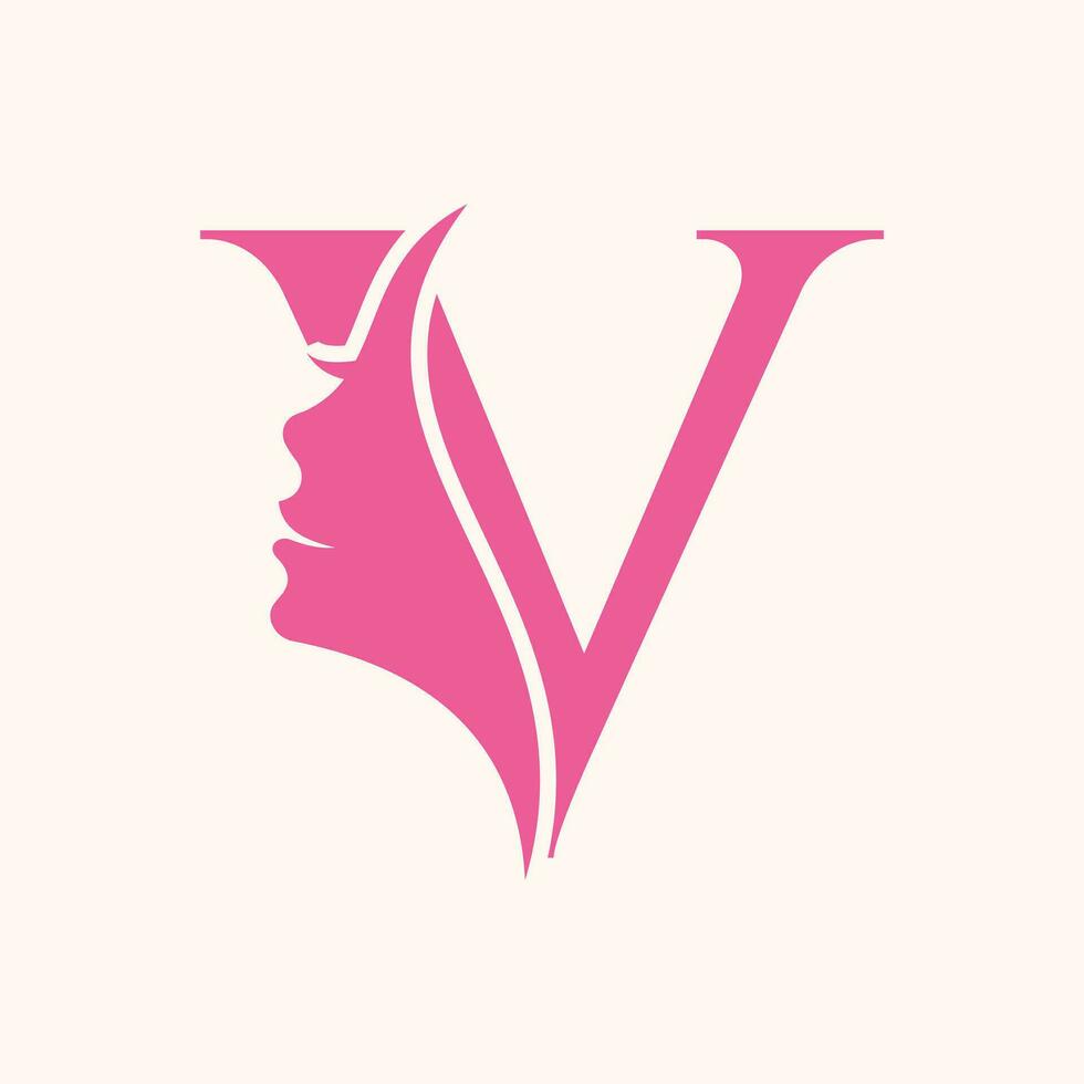 kvinna ansikte logotyp på brev v. skönhet spa symbol med kvinna ansikte ikon vektor