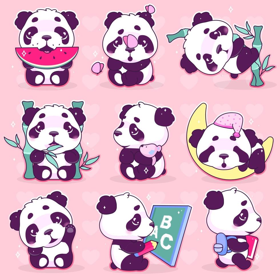 söt panda kawaii tecknad vektor karaktär uppsättning. bedårande, glada och roliga djur äta vattenmelon, bambu isolerad klistermärke, lappar pack. anime baby panda björn sova emoji på rosa bakgrund