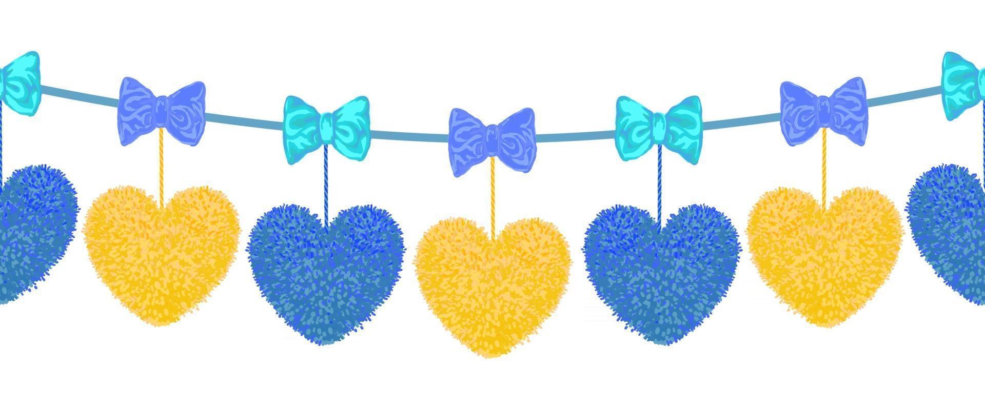 Vektor bunte nahtlose Muster des dekorativen Elements mit Pompons Herzen hängen an den Seilen und Bögen als Girlande isoliert auf weißem Hintergrund. Dekor für Valentinstag oder Babyparty-Design.