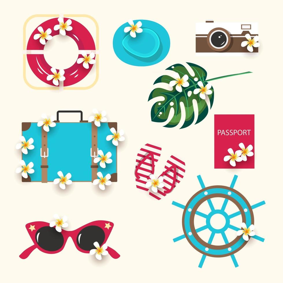 Sommersymbole mit exotischen Palmblättern, Kamera, Hut, Rettungsring, Reisepass, Koffer, Flip-Flops, Brille, Lenkrad, tropische Blumen. Vektor-Sommer-Design vektor