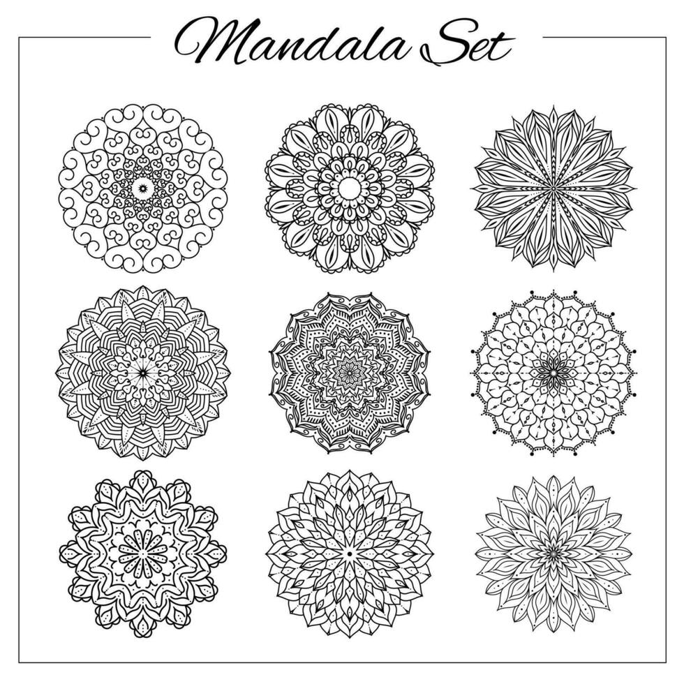 uppsättning av mandalas. geometrisk cirkulär prydnad uppsättning. isolerat vektor utveckla mandalas för färg bok utskrift, design, logotyp, yoga, indisk och arabicum grafik. orientalisk utsmyckning element.